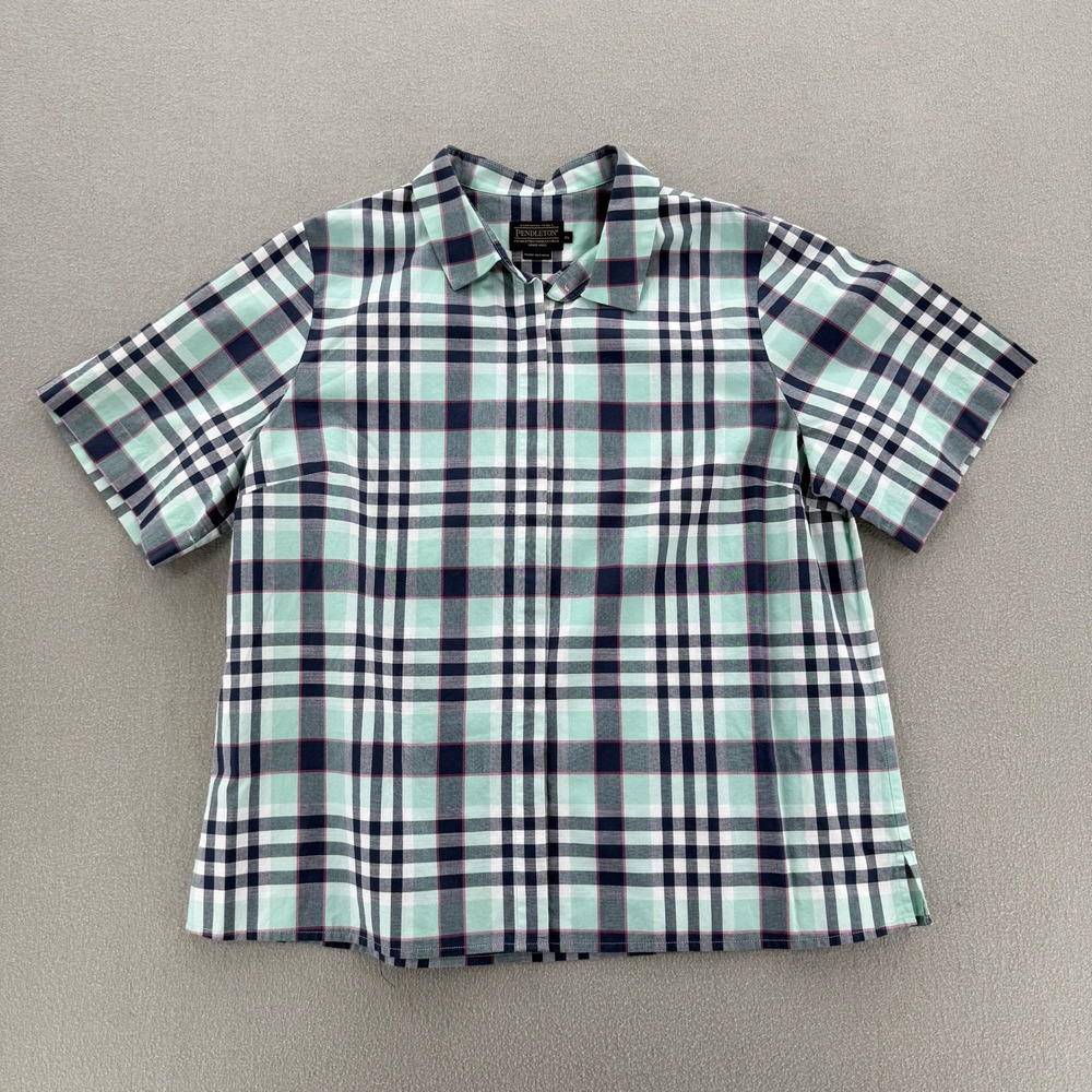 Pendleton Plaid Green Blue 100% Cotton Button Up Short Sleeve‎ Camp Shirt Men XL